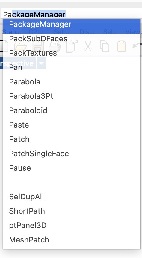 Rhino command line with the PackageManager command typed and its autocomplete dropdown open