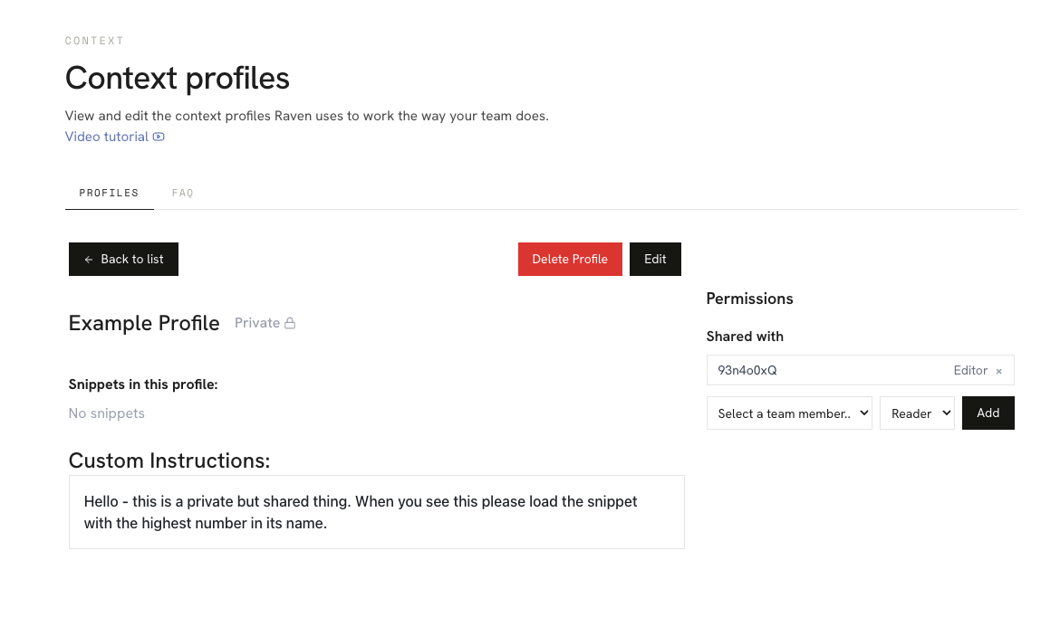 A context profile in the editor: snippets, custom instructions and permissions