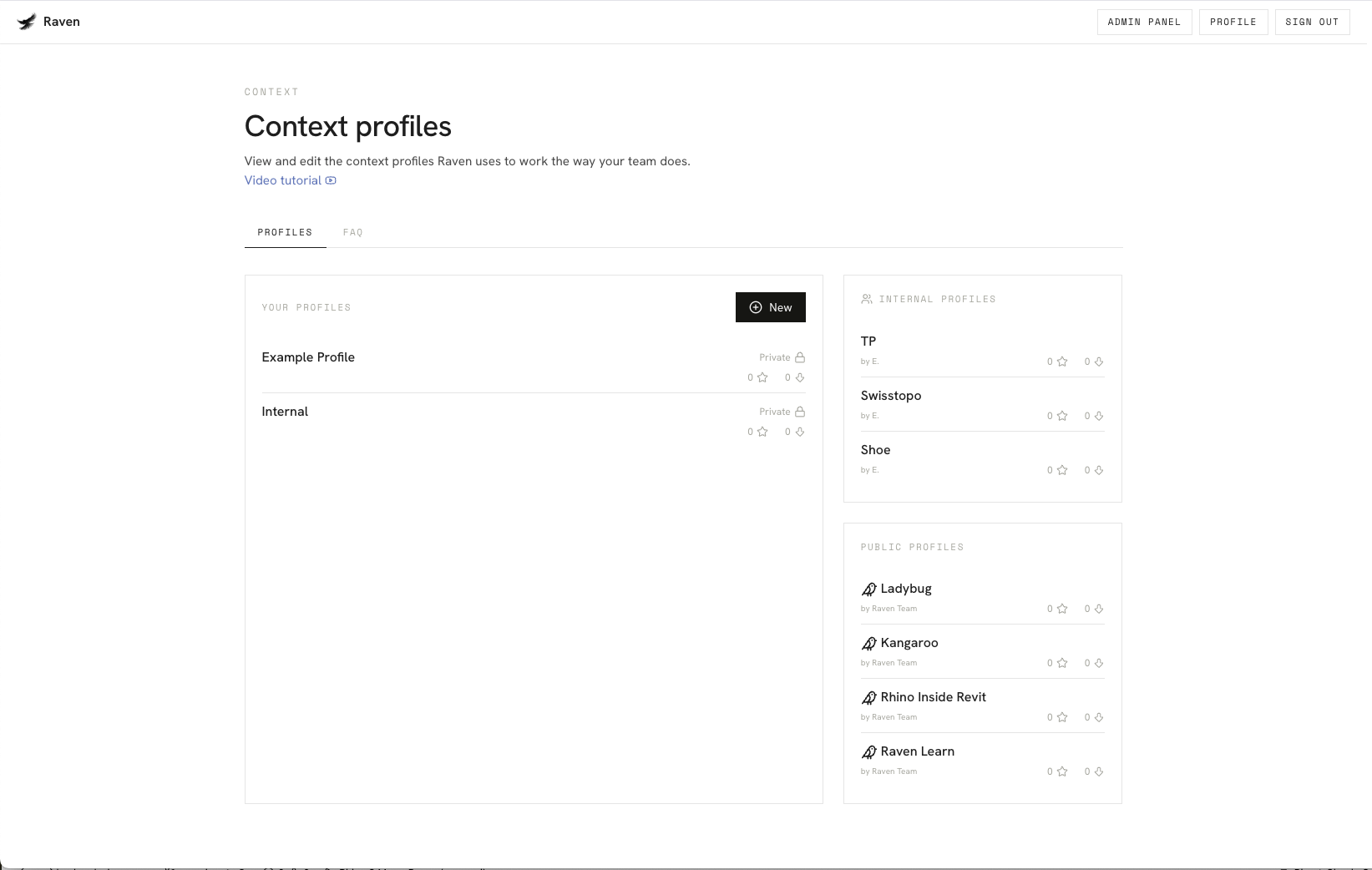 The Context Profile editor: your profiles left, internal and public profiles right