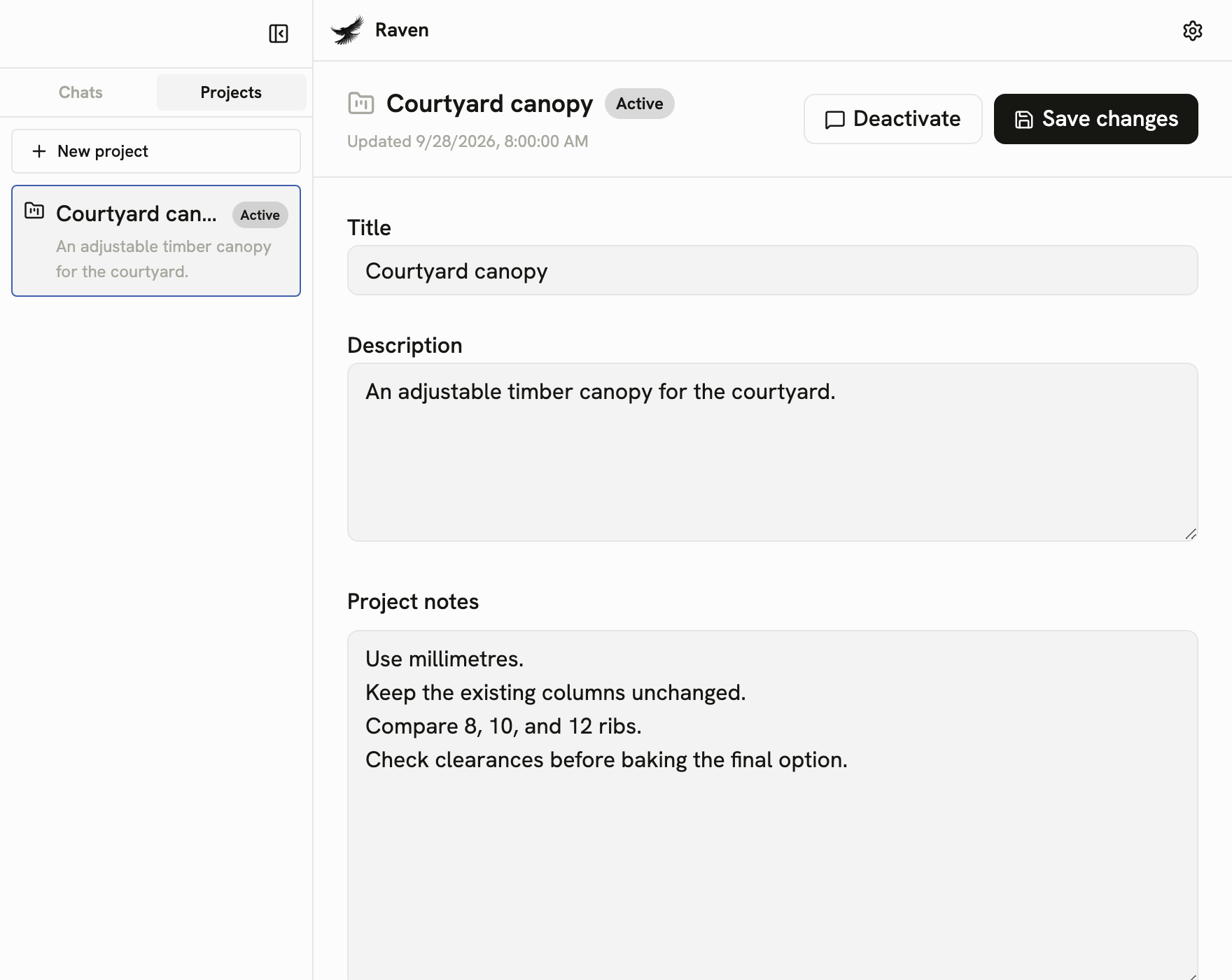 Project overview showing title, description, project notes, and activation controls