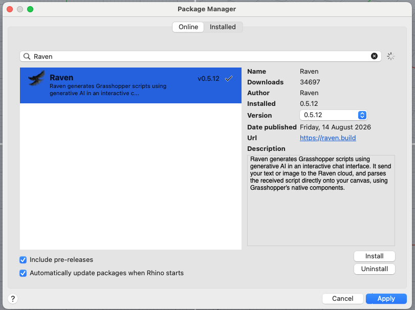 Raven selected in Rhino Package Manager, with the Version list and Install button on the right