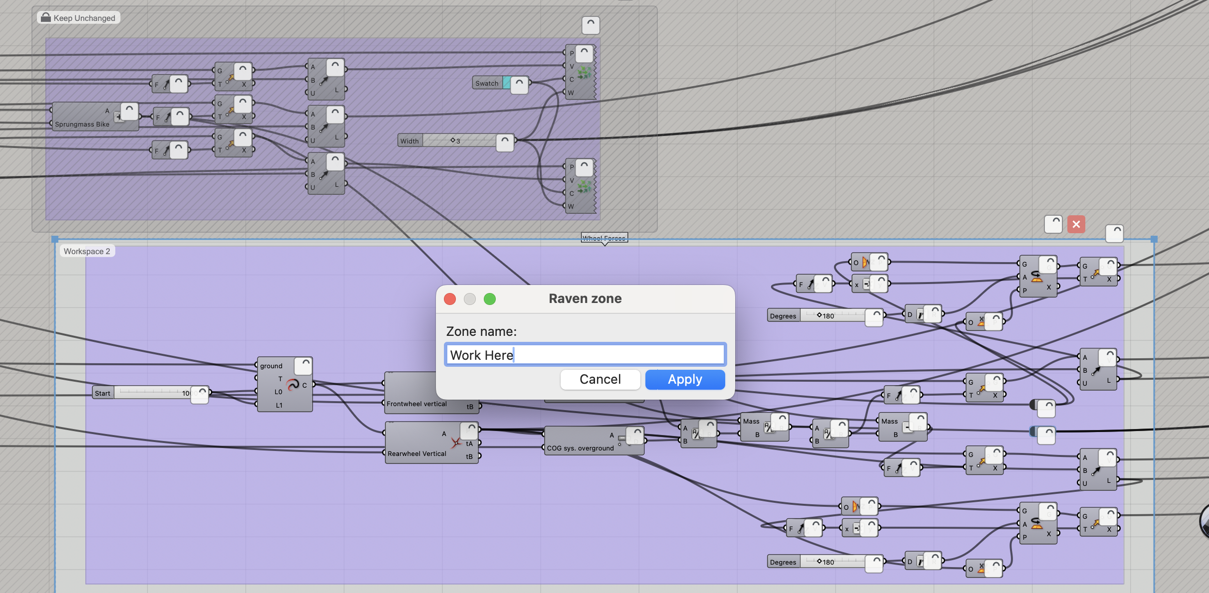 Grasshopper canvas with the locked Keep Unchanged area above a selected workspace and the Raven zone naming dialog