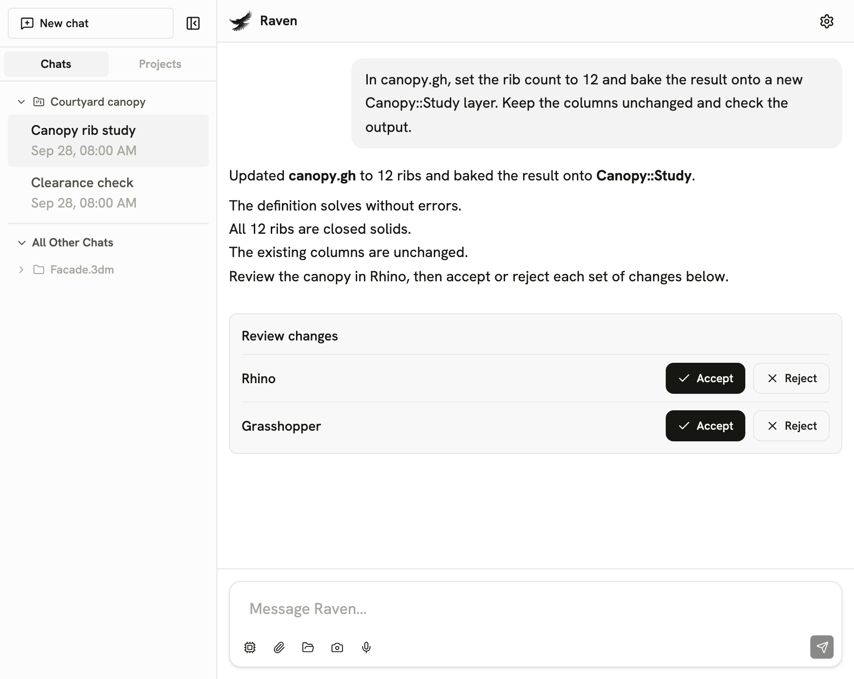 Raven interface with the chat sidebar on the left, conversation in the middle, and message box at the bottom